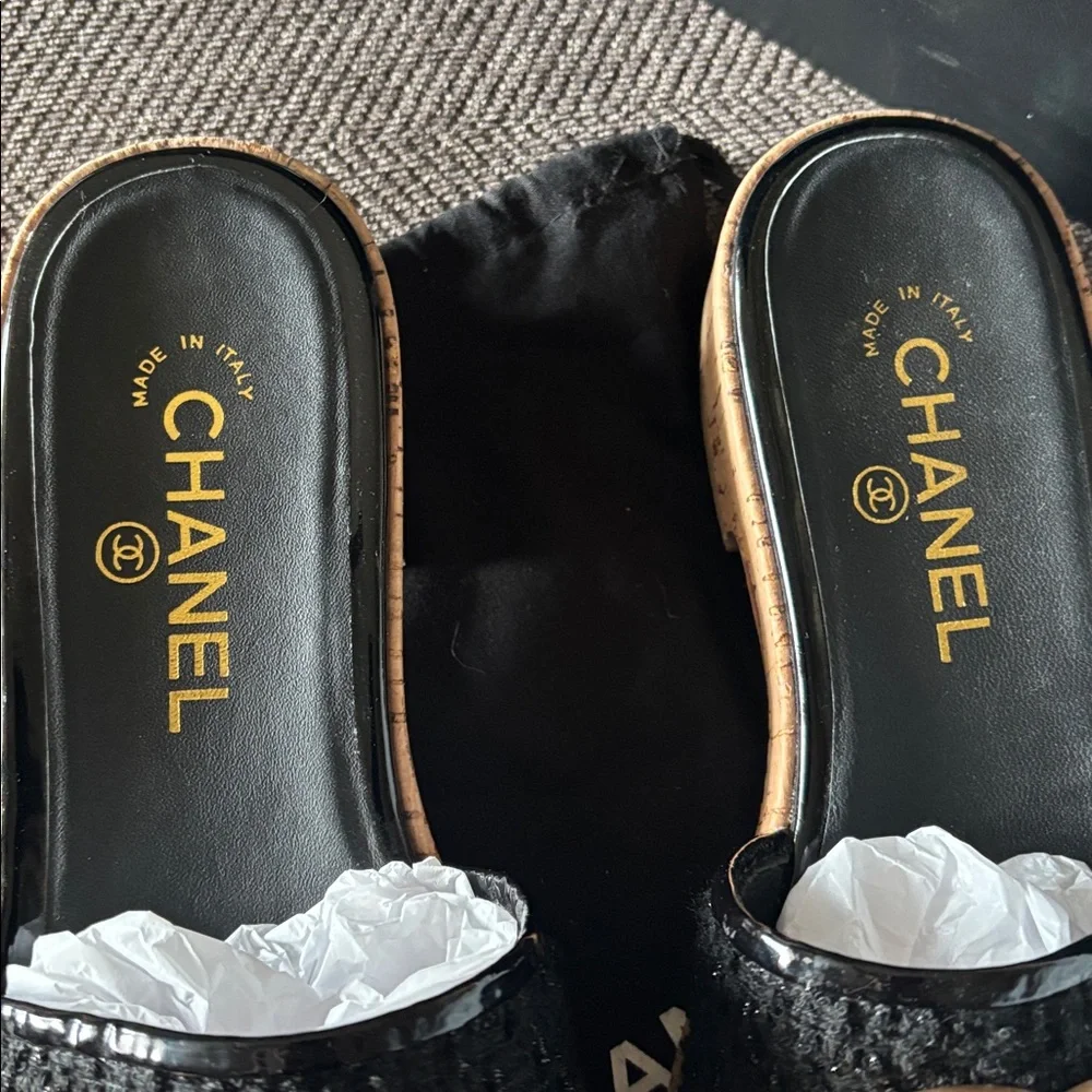 Chanel Tweed Cork CC Mule Sandals